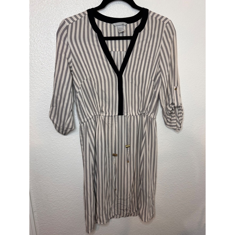 HM Black White‎ Striped Roll Tab Sleeve Drawstring Waist Tunic Dress Size 4